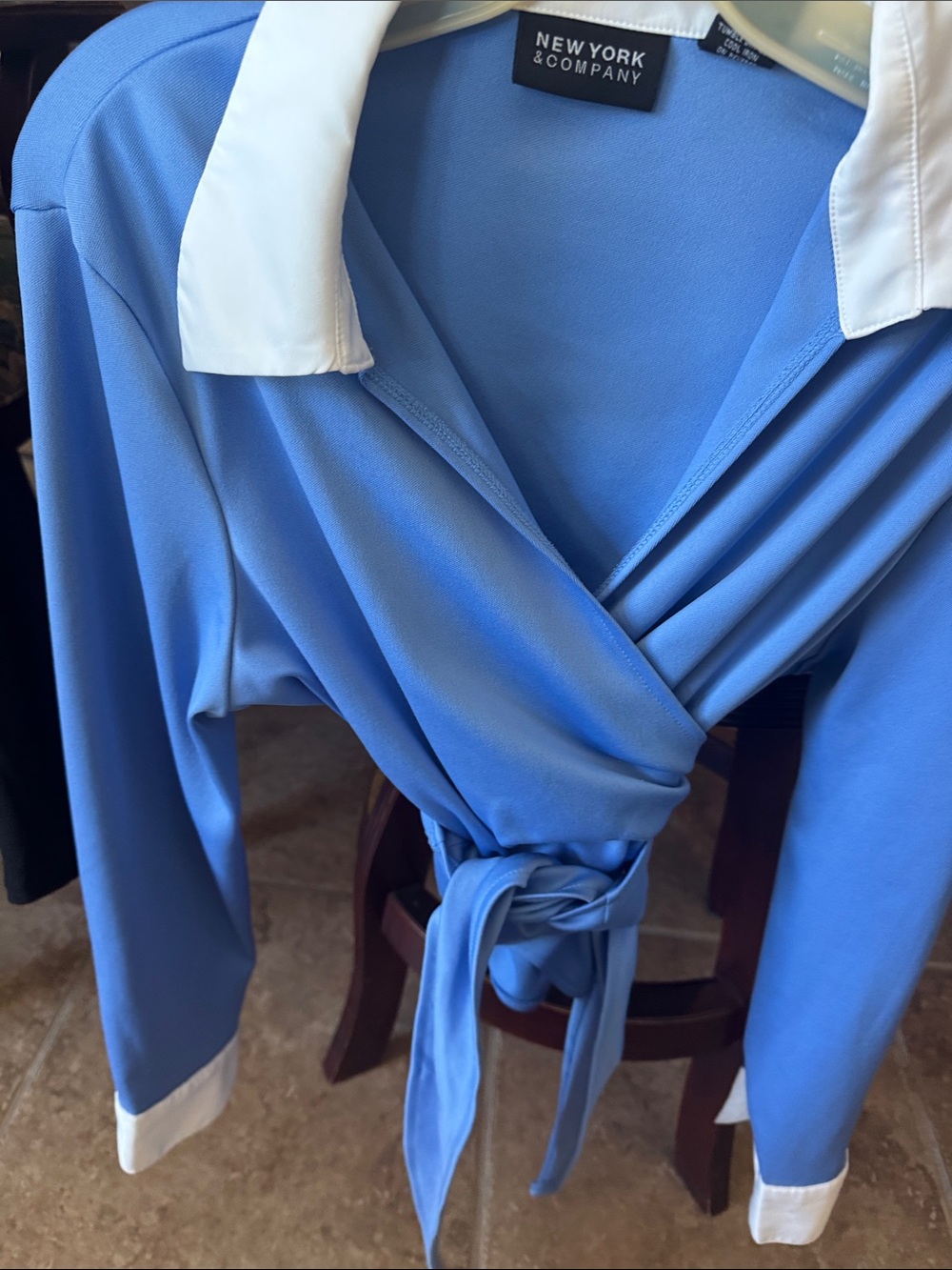New York & Company Sky Blue Wrap Top with White Collar